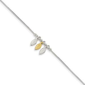 Sterling Silver and Gold-Tone Beaded Feather Anklet, 9-10 Inch